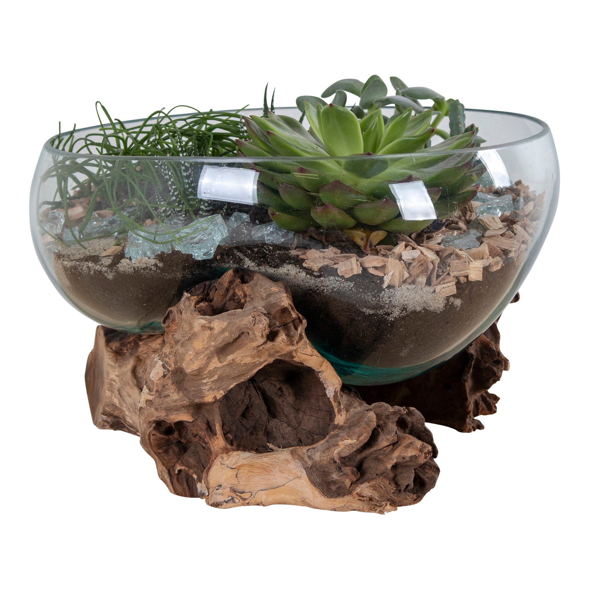 Glasobjekt auf Teakholz, natur, H20 cm